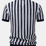 Stripe Johnny Collar Open Knit Polo & Straight Leg Linen Pants Set