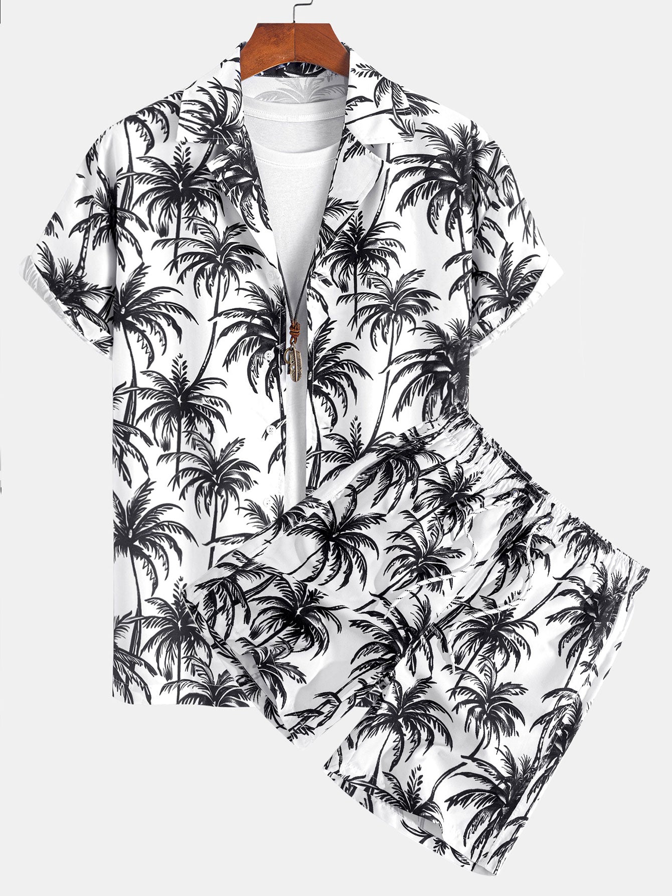 Relax Fit Palm Tree Print Shirt & Palm Tree Print Swim Short Set