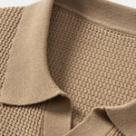 Textured Johnny Collar Crocheted Knit Polo & Linen Pants Set