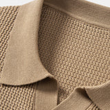 Textured Johnny Collar Crocheted Knit Polo & Linen Pants Set