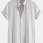 Cotton Blend Striped Stand Collar Shirt & Straight Leg Linen Pants Set