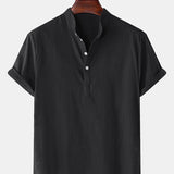 Solid Color Basic Henley Shirts & Linen Cotton Blend 11" Shorts Set