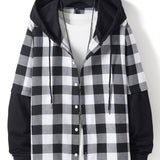 Contrast Plaid Drawstring Hooded Shirt