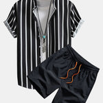 Striped Button Up Shirt & Man Mid Length Drawstring Swim Shorts Set
