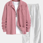 Long Sleeve Corduroy Cuban Collar Shirt & Straight Leg Linen Pants Set