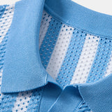 Stripe Johnny Collar Open Knit Polo & Straight Leg Linen Pants Set