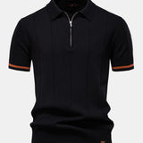 Contrast Trim Zipper Knit Polo Shirt & Elastic Waist Chino Shorts Set