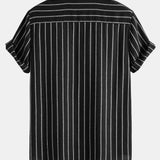 Cotton Blend Striped Stand Collar Shirt & Straight Leg Linen Pants Set