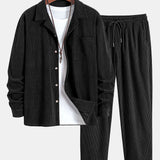 Long Sleeve Corduroy Cuban Collar Shirt & Corduroy Pants Set
