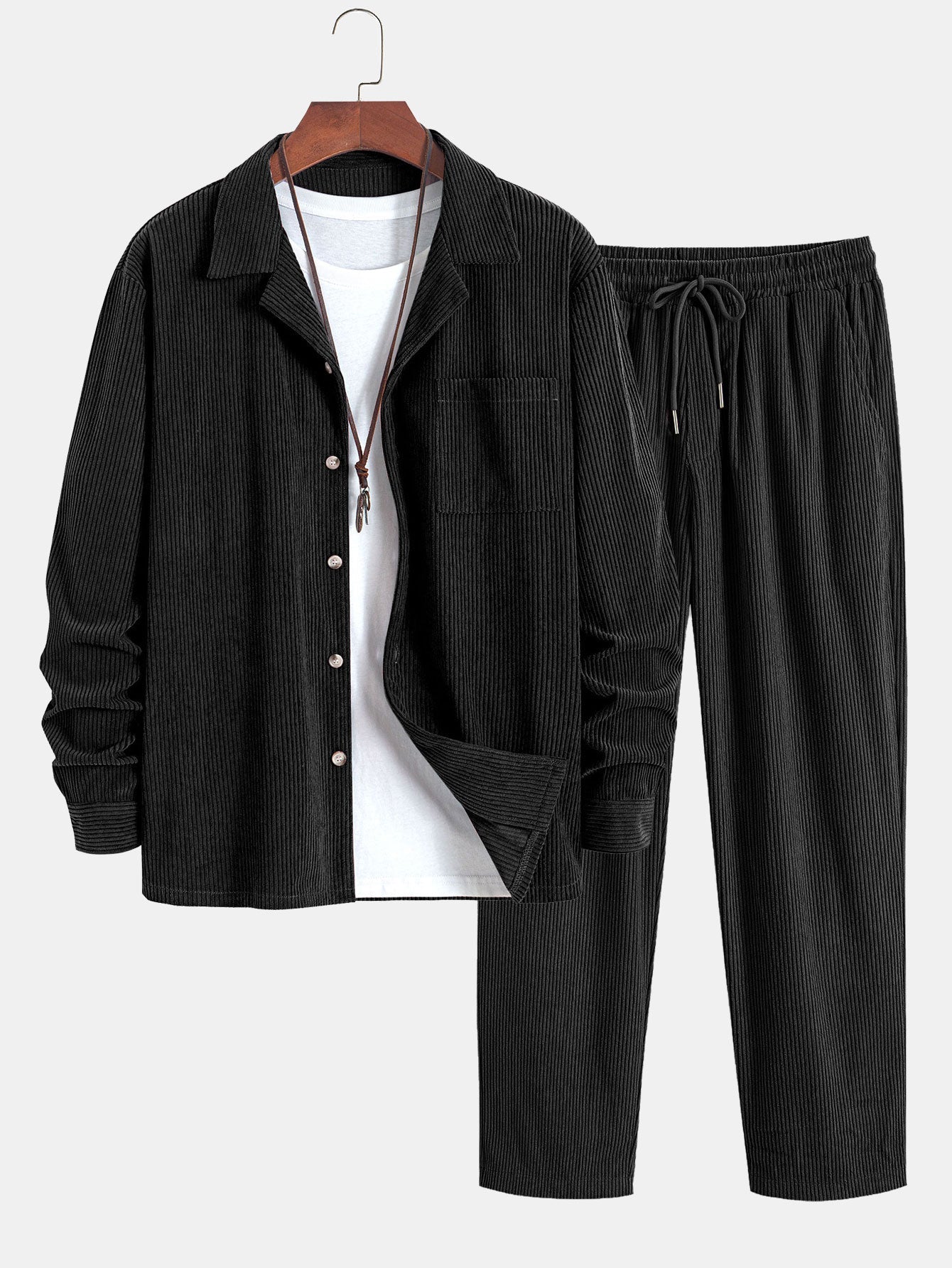 Long Sleeve Corduroy Cuban Collar Shirt & Corduroy Pants Set