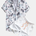 Palm Tree Sailboat Print Shirt & Man Mid Length Drawstring Swim Shorts Set