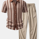 Plaid Jacquard Shirt & Crinkle Textured Straight Leg Pants Set