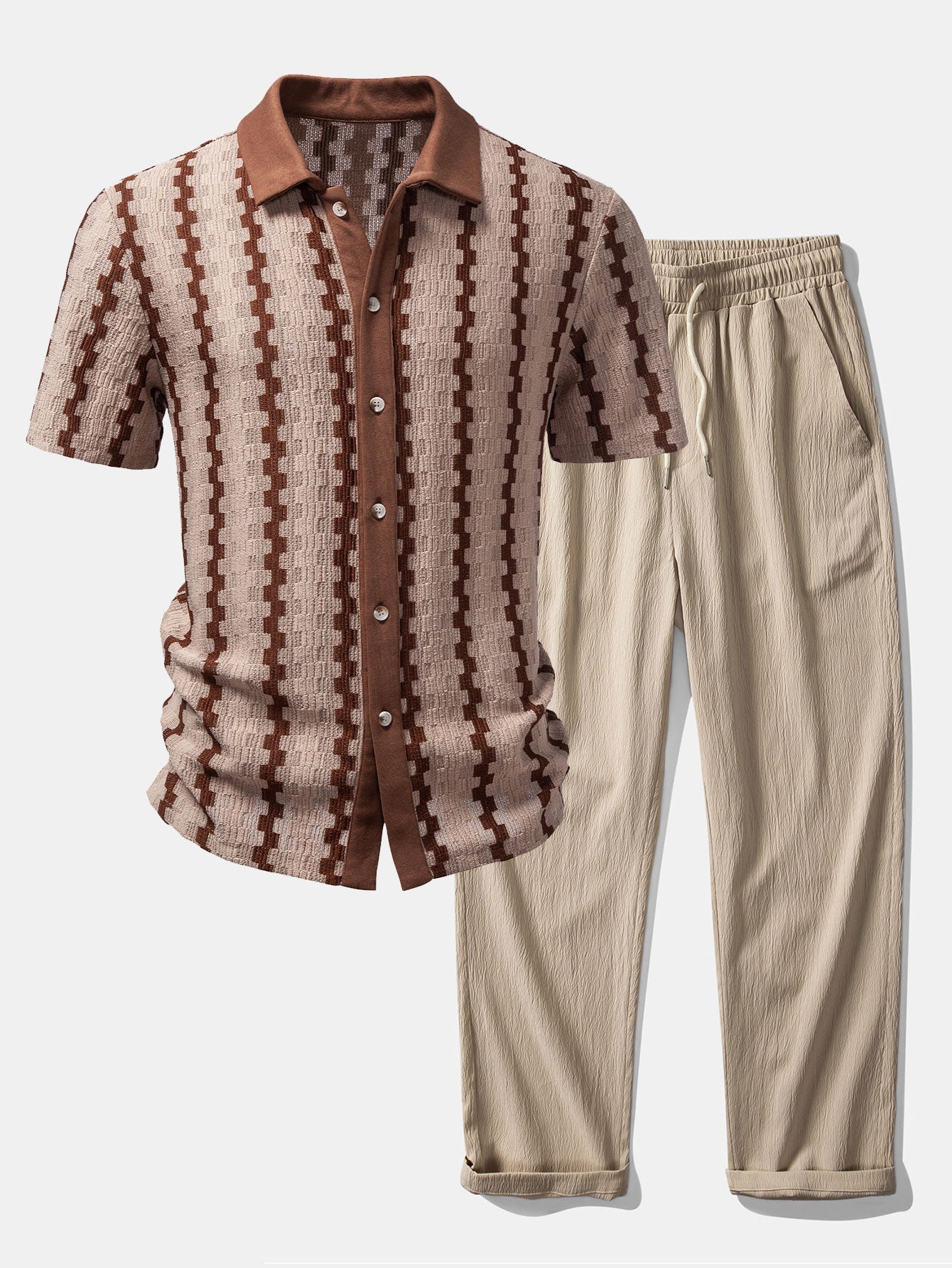 Plaid Jacquard Shirt & Crinkle Textured Straight Leg Pants Set