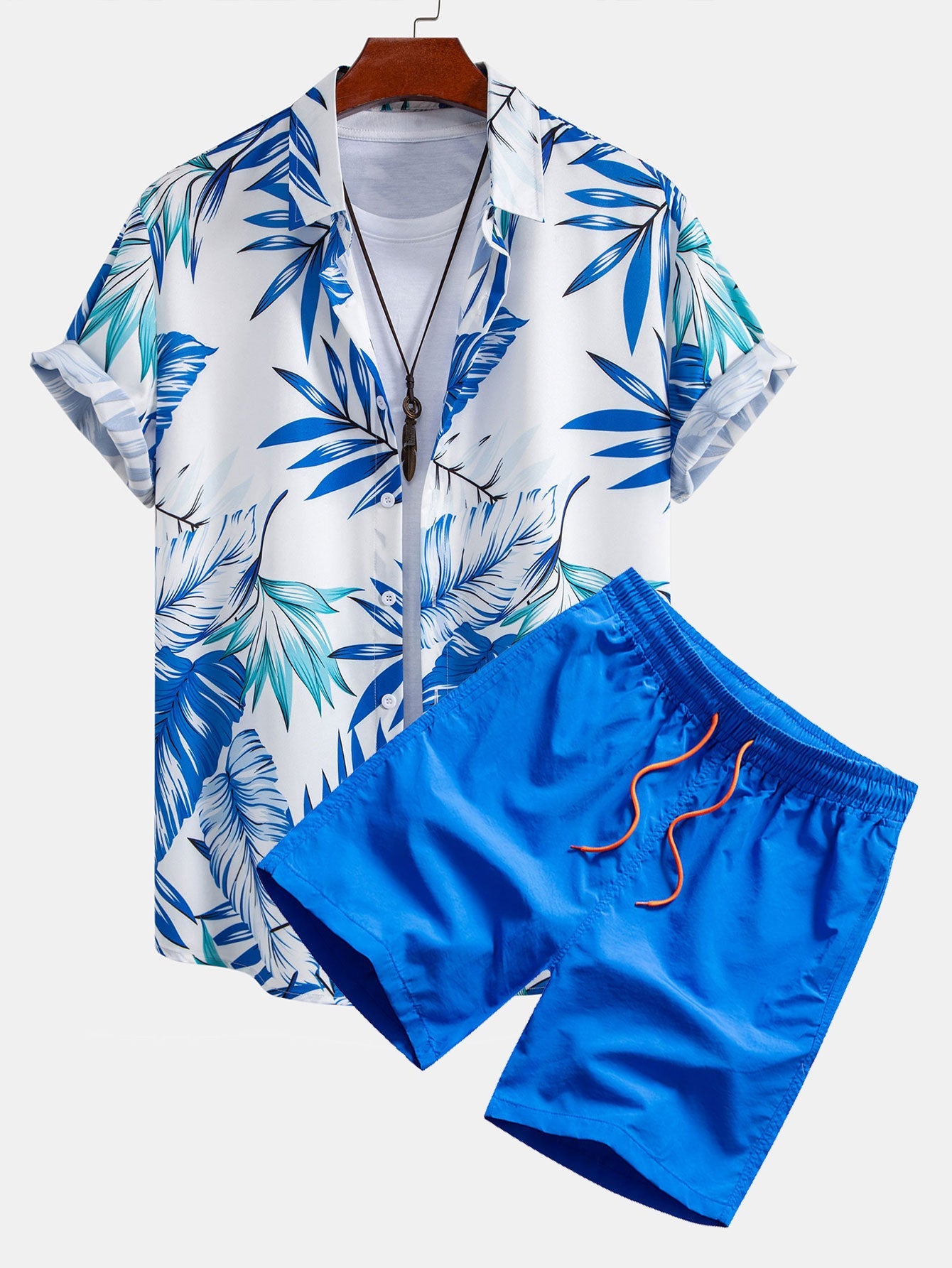 Tropical Leaves Print Shirt & Man Mid Length Drawstring Swim Shorts Set