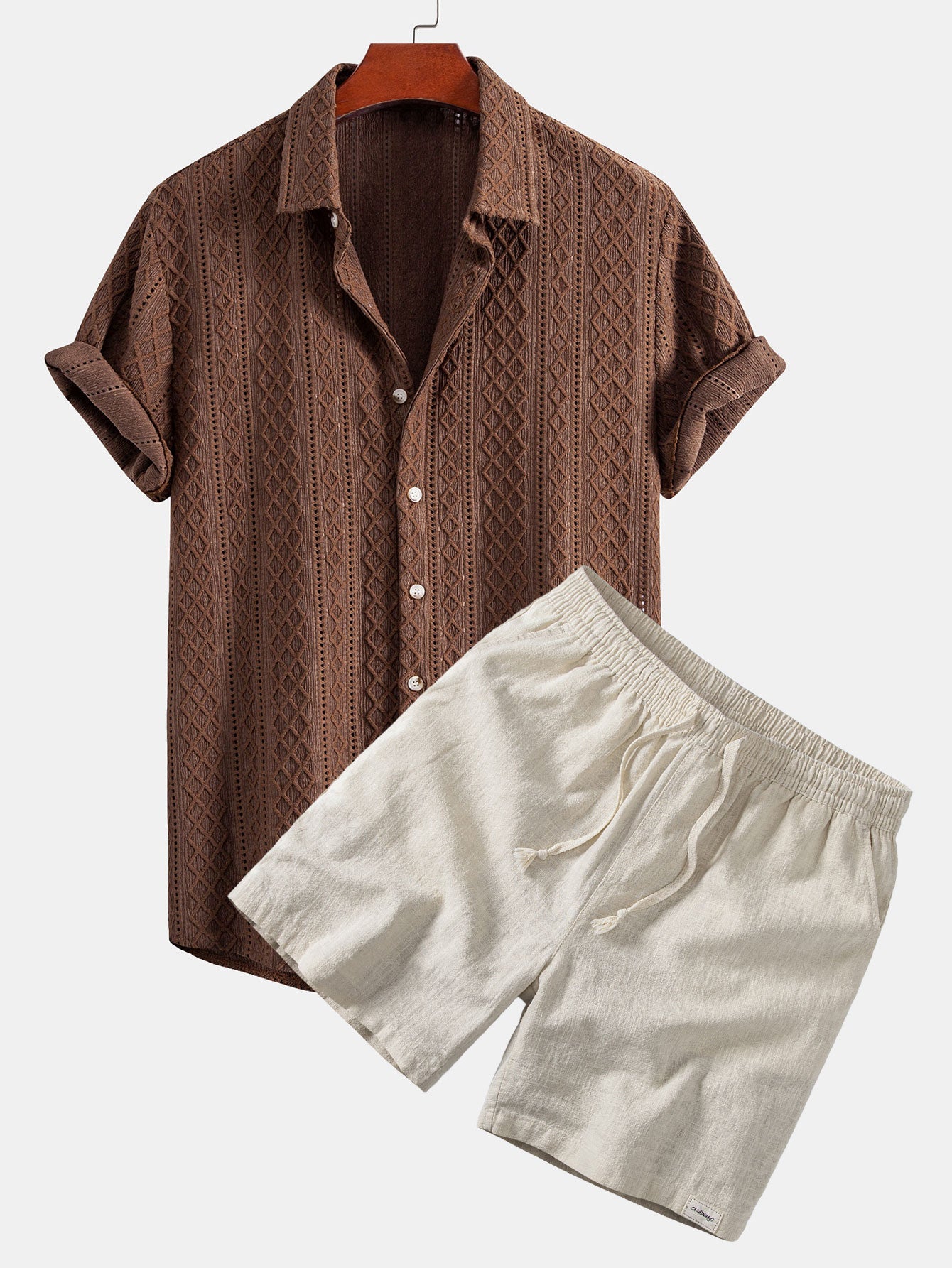 Geometry Rhombus Jacquard Shirt & Linen Blend Drawstring 7" Shorts Set