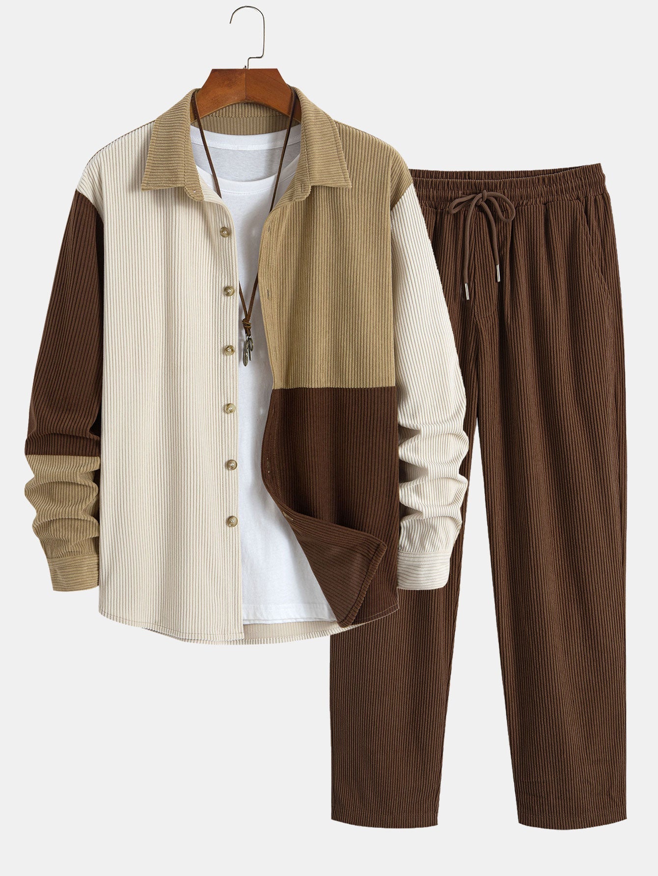 Colorblock Corduroy Shirt & Straight Leg Corduroy Pants Set