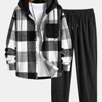 Flannel Plaid Corduroy Patchwork Hooded Shirt & Corduroy Pants Set