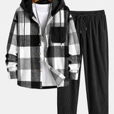 Flannel Plaid Corduroy Patchwork Hooded Shirt & Corduroy Pants Set