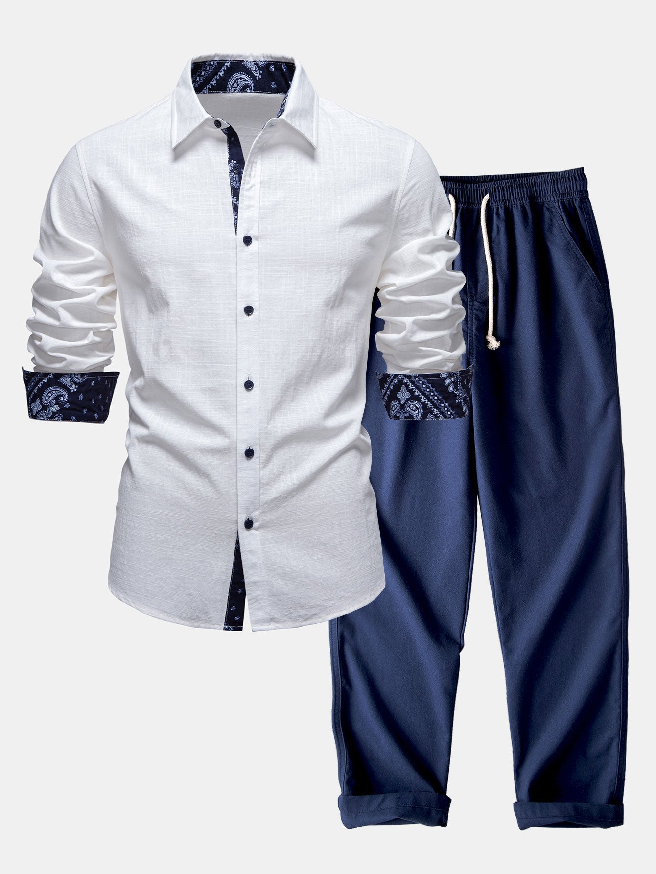 Contrast Paisley Print Linen Shirt & Straight Leg Linen Pants Set