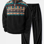 Quarter Zip Ethnic Geometric Patchwork Teddy Sweatshirt & Corduroy Pants Set
