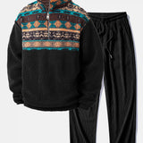 Quarter Zip Ethnic Geometric Patchwork Teddy Sweatshirt & Corduroy Pants Set