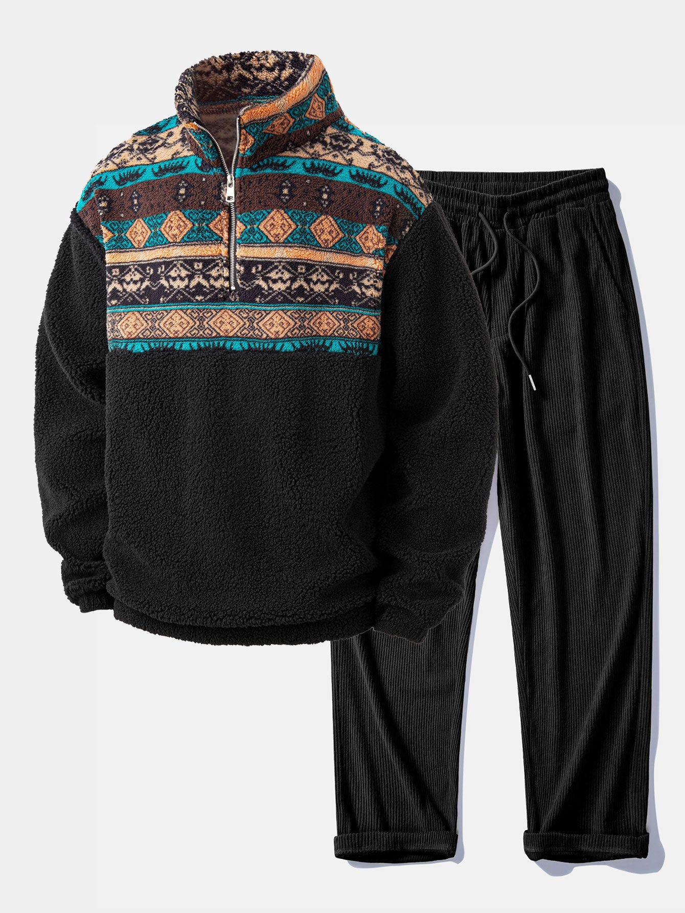 Quarter Zip Ethnic Geometric Patchwork Teddy Sweatshirt & Corduroy Pants Set