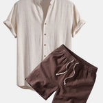 V Neck Linen Rayon Blend Shirt & Linen Blend Drawstring 7" Shorts Set