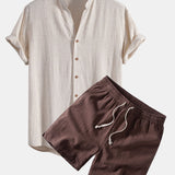 V Neck Linen Rayon Blend Shirt & Linen Blend Drawstring 7" Shorts Set