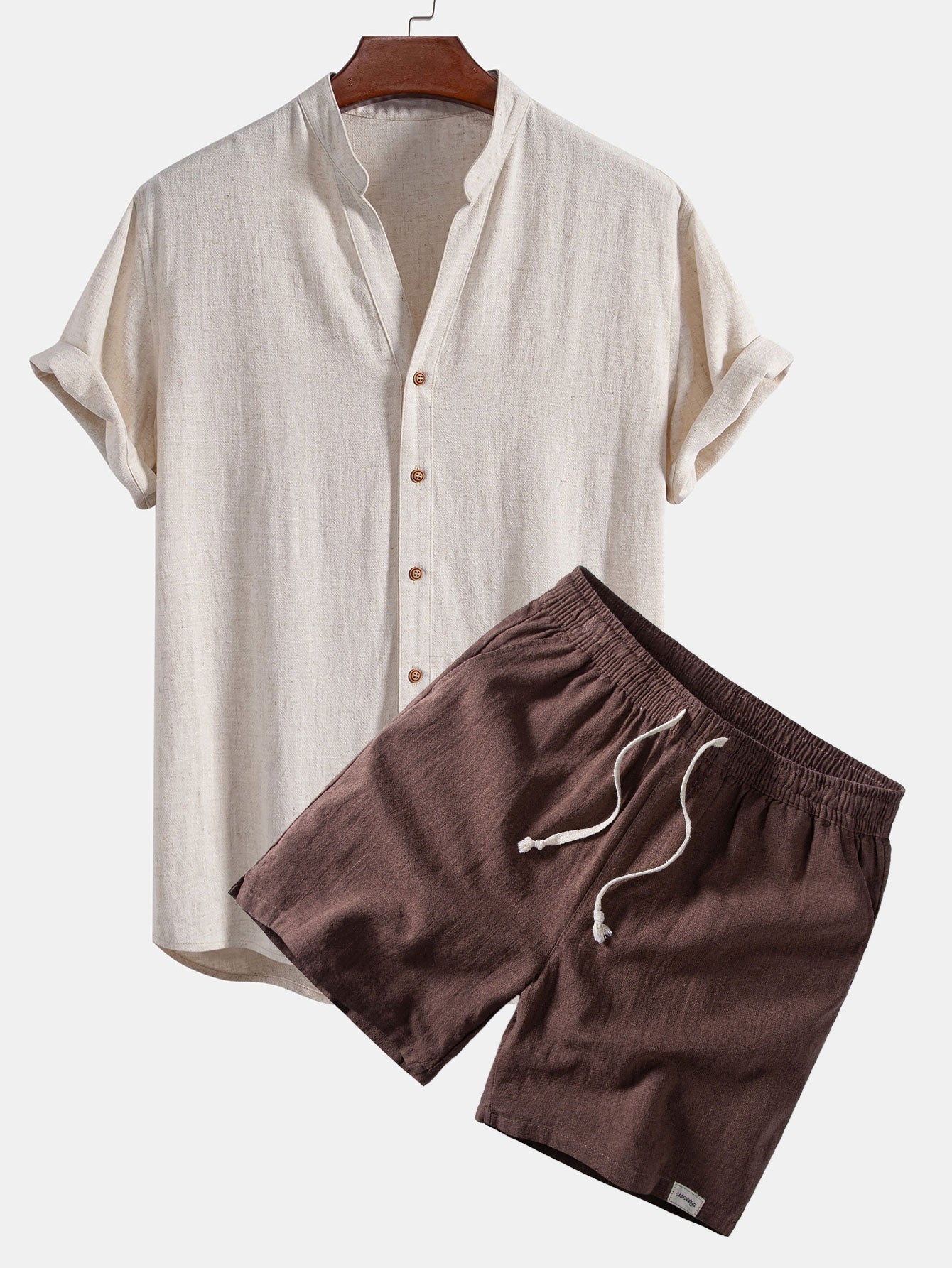 V Neck Linen Rayon Blend Shirt & Linen Blend Drawstring 7" Shorts Set