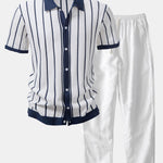 Stripe Knitted Shirt & Straight Leg Linen Pants Set