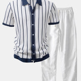 Stripe Knitted Shirt & Straight Leg Linen Pants Set