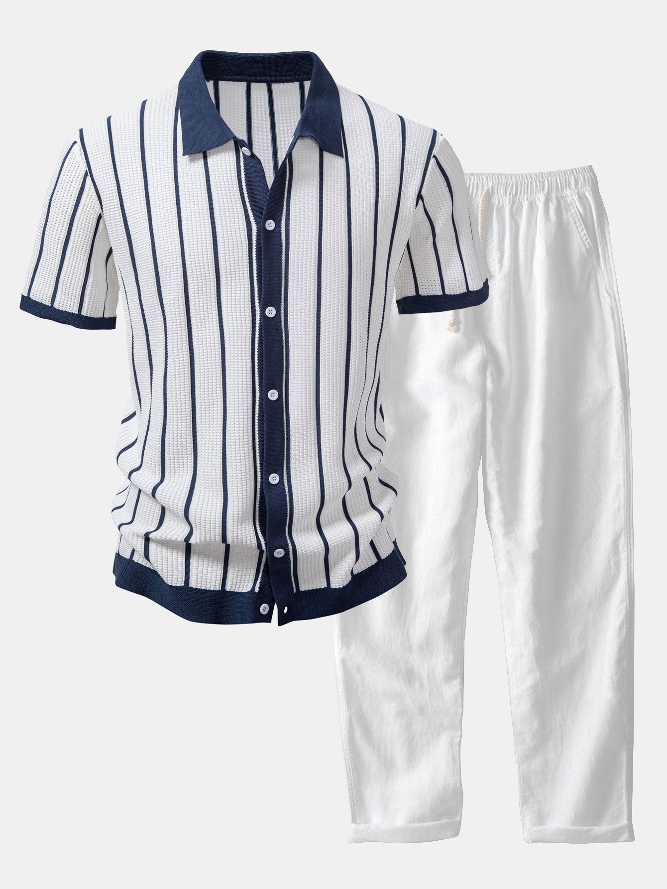 Stripe Knitted Shirt & Straight Leg Linen Pants Set