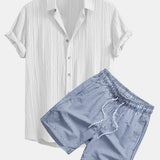 Crinkled Textured Shirt & Stripe Print Swim Shorts Set