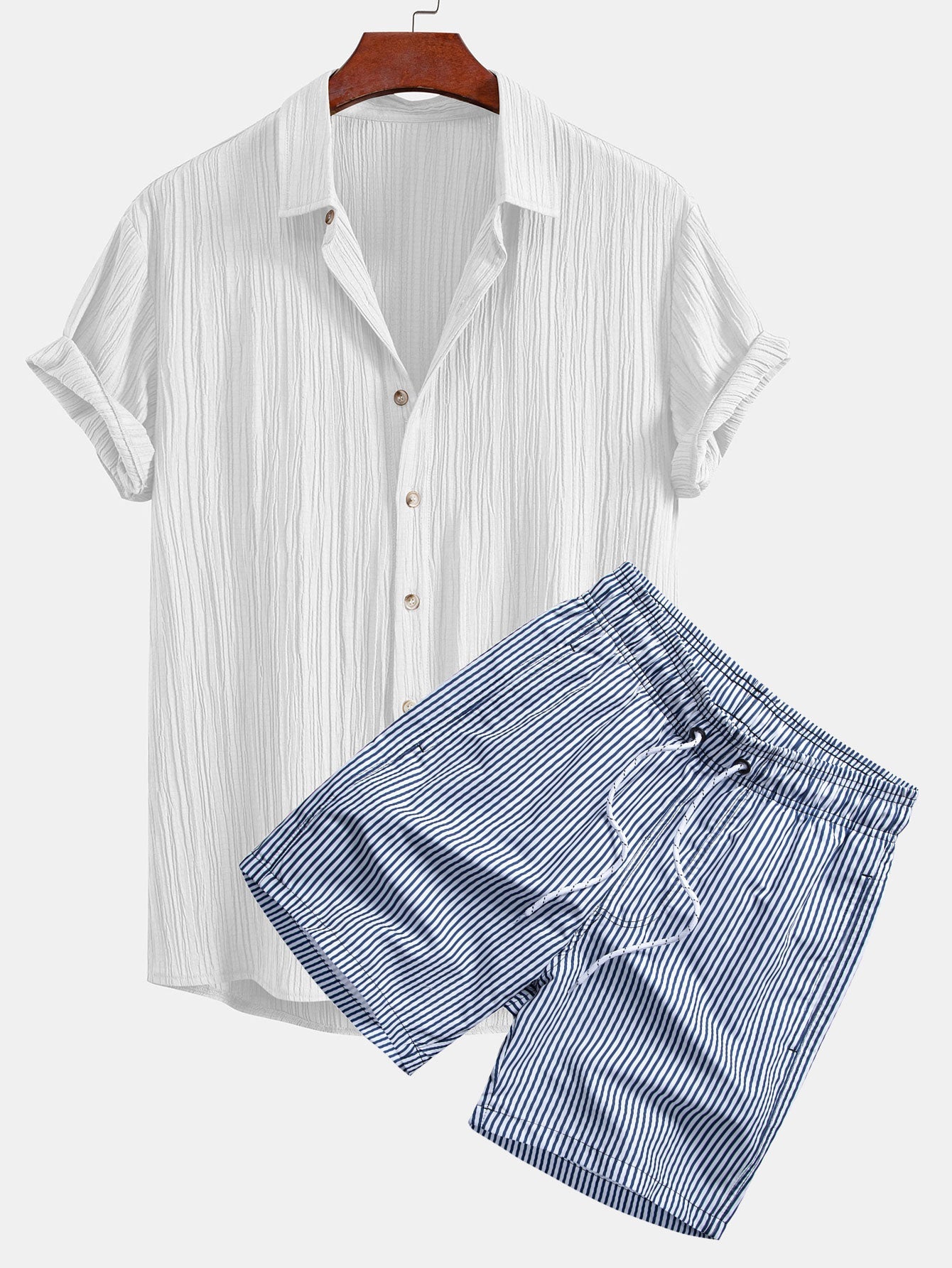Crinkled Textured Shirt & Stripe Print Swim Shorts Set