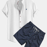 Short Sleeve Linen Stand Collar Shirt & Striped Print Swim Shorts Set