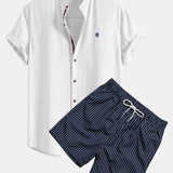 Short Sleeve Linen Stand Collar Shirt & Striped Print Swim Shorts Set
