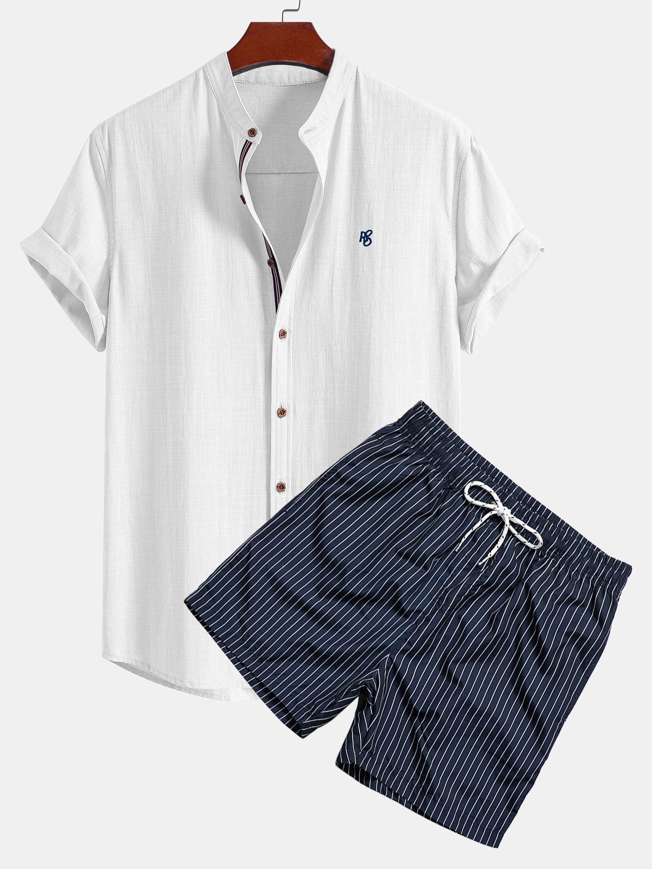 Short Sleeve Linen Stand Collar Shirt & Striped Print Swim Shorts Set