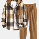 Flannel Plaid Corduroy Patchwork Hooded Shirt & Corduroy Pants Set