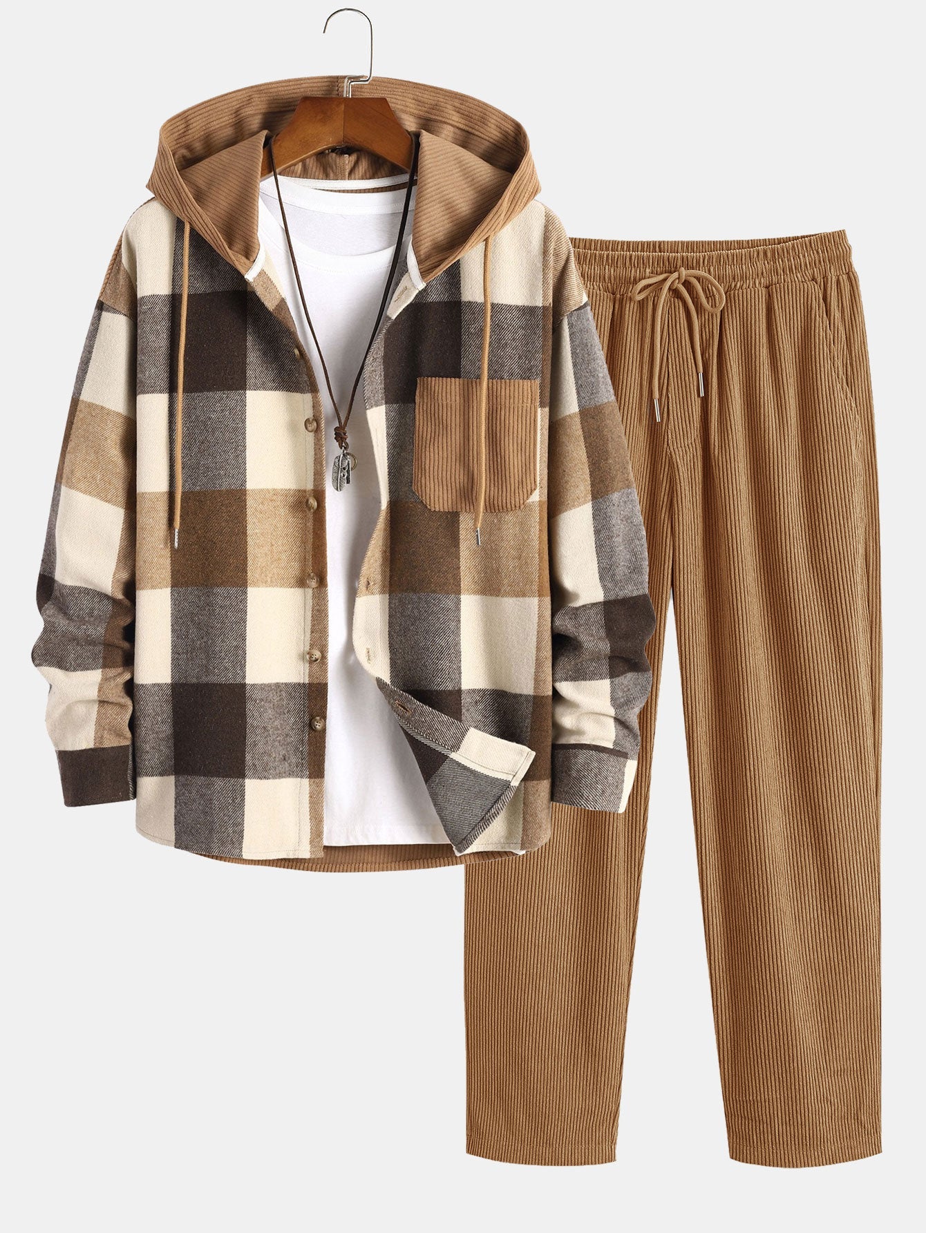 Flannel Plaid Corduroy Patchwork Hooded Shirt & Corduroy Pants Set