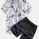 Palm Tree Sailboat Print Shirt & Man Mid Length Drawstring Swim Shorts Set