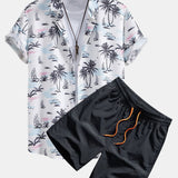 Palm Tree Sailboat Print Shirt & Man Mid Length Drawstring Swim Shorts Set