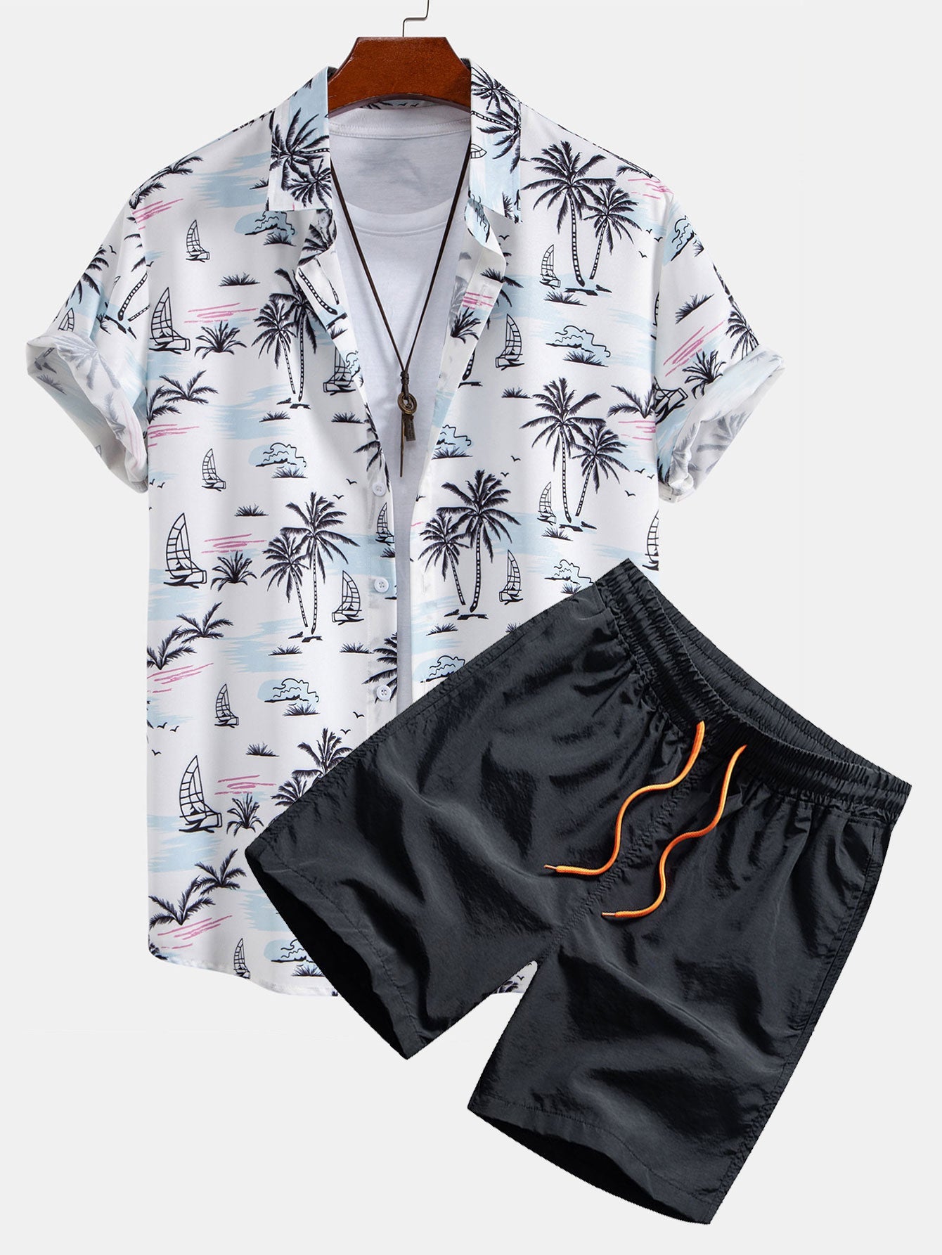 Palm Tree Sailboat Print Shirt & Man Mid Length Drawstring Swim Shorts Set