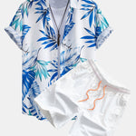 Tropical Leaves Print Shirt & Man Mid Length Drawstring Swim Shorts Set