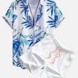 Tropical Leaves Print Shirt & Man Mid Length Drawstring Swim Shorts Set