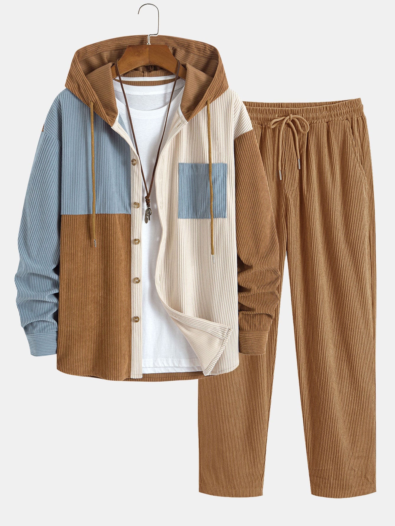 Relax Fit Colorblock Corduroy Hooded Shirt & Corduroy Pants Set