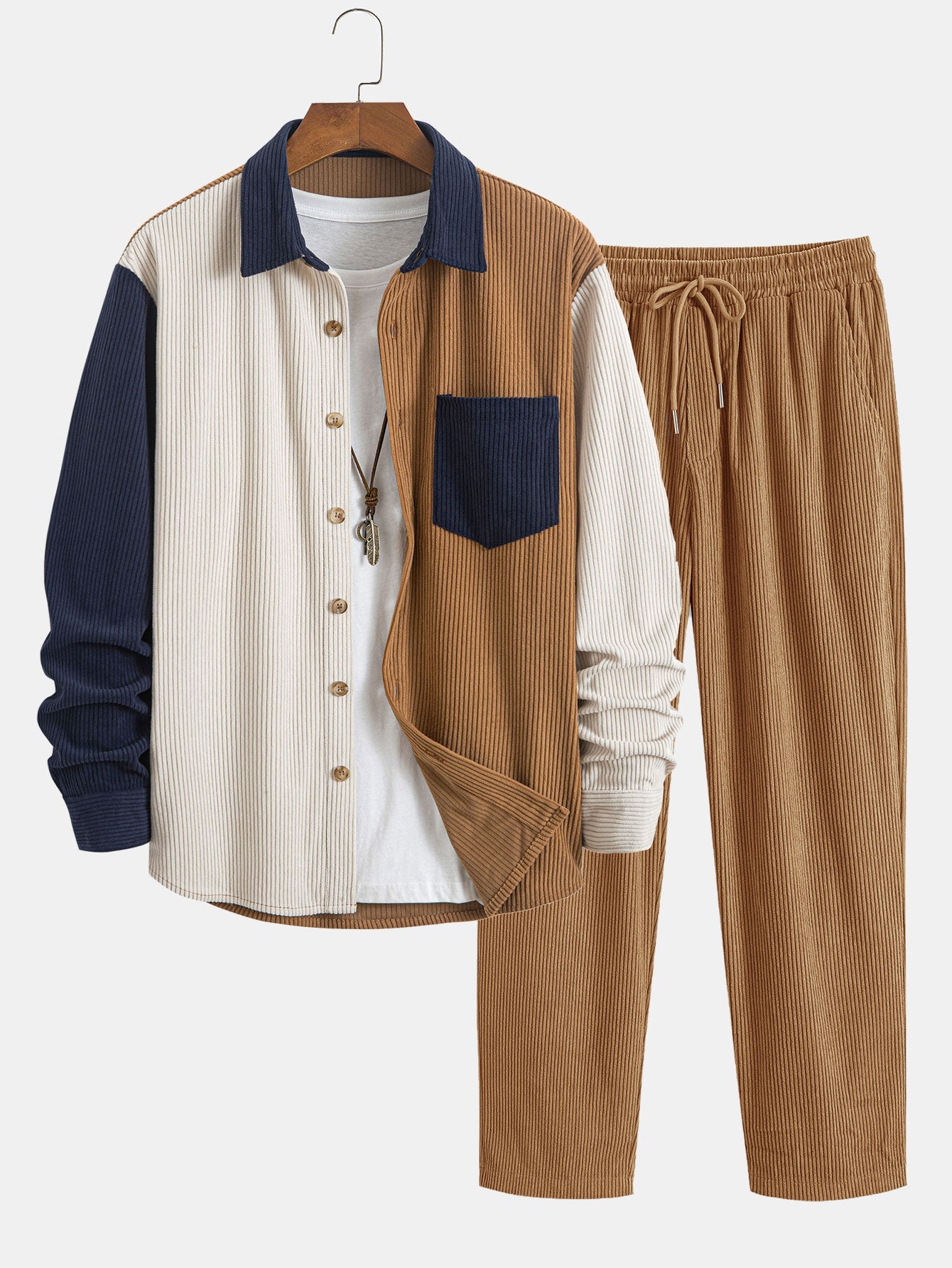 Corduroy Patchwork Shirt & Straight Leg Corduroy Pants Set