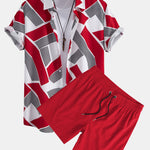 Color Block Geometry Print Shirt & Swim Shorts Set