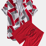 Color Block Geometry Print Shirt & Swim Shorts Set