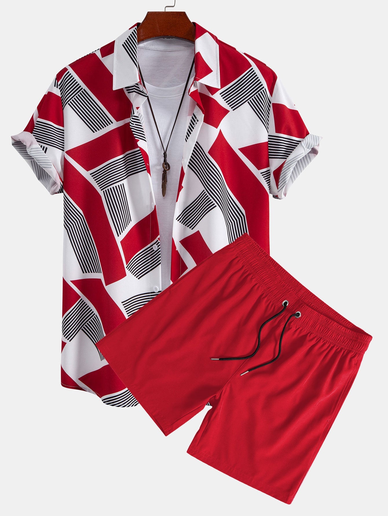 Color Block Geometry Print Shirt & Swim Shorts Set