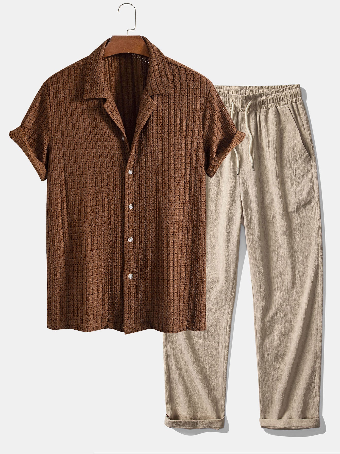 Texture Jacquard Cuban Shirt & Crinkle Textured Straight Leg Pants Set